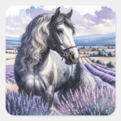 Grijs Paard Staande In Lavendel Vierkante Sticker (Voorkant)