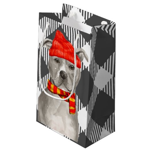 Grijs Plaid met Staffordshire Pitbull Kerstmis Klein Cadeauzakje (Achterkant Gekanteld)