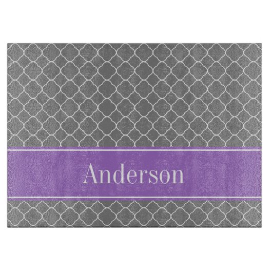 Grijs Quatrefoil Paars, gepersonaliseerd Snijplank (Voorkant)