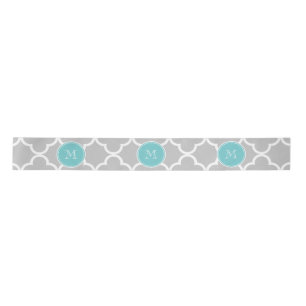 Grijs Quatrefoil Patroon, Blauwgroen Monogram Lint