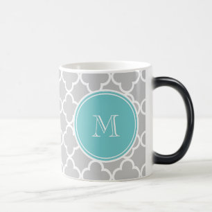 Grijs Quatrefoil Patroon, Blauwgroen Monogram Magische Mok