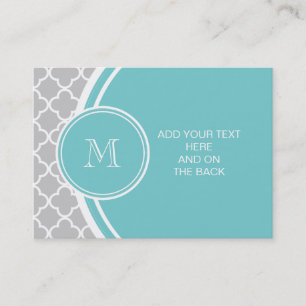 Grijs Quatrefoil Patroon, Blauwgroen Monogram Visitekaartje