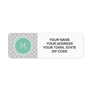 Grijs Quatrefoil Patroon, Mint Green Monogram Etiket