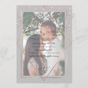 Grijs Roos Goud Confetti Geo Border Fotobruiloft Kaart