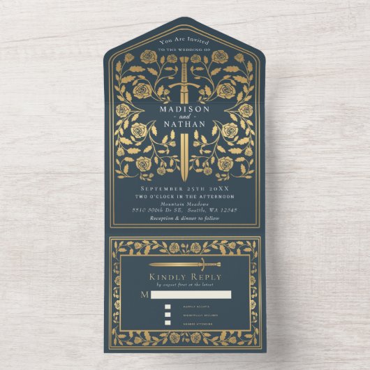 Grijs Royal middeleeuwse fantasie zwaard bruiloft All In One Uitnodiging (Binnen)