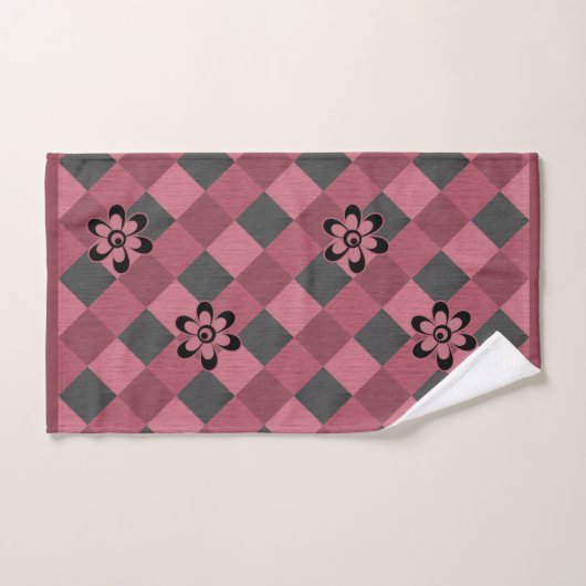 Grijs roze geometrisch geruit patroon met bloemen bad handdoek (Handdoek)
