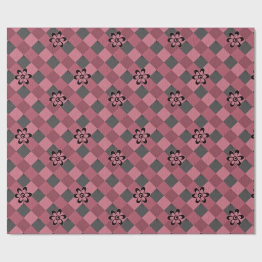 Grijs roze geometrisch geruit patroon met bloemen cadeaupapier (Vlak)