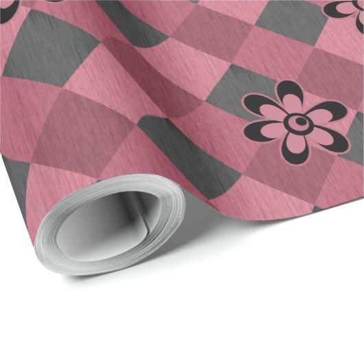 Grijs roze geometrisch geruit patroon met bloemen cadeaupapier (Rol Hoek)