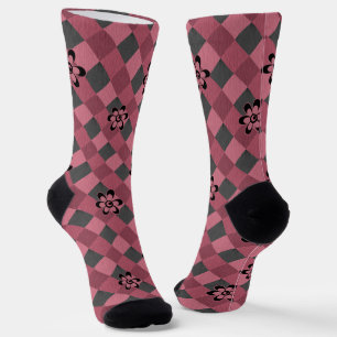 Grijs roze geometrisch geruit patroon met bloemen sokken