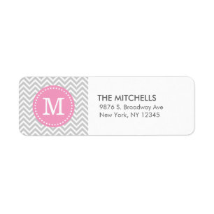 Grijs & Roze Modern Chevron Custom Monogram Etiket