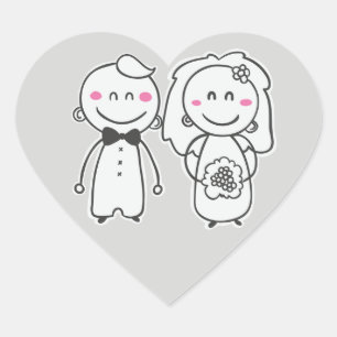 Grijs & Roze Wedding Cartoon Bruid & Bruidegom Hart Sticker