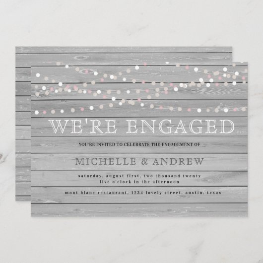 Grijs rustiek hout pastel string lichten verloving kaart (Voorkant / Achterkant)