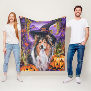 Grijs Shetland Sheepdog Halloween Heks Pompoen Fleece Deken