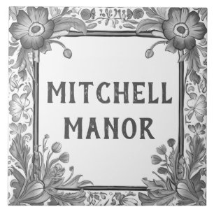 Grijs & Wit Bloemen Custom House Name Bord Sign Tegeltje