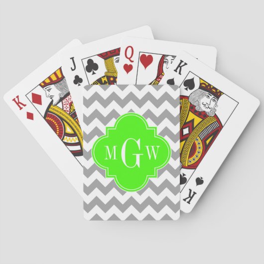 Grijs Wit Chevron Lime Vierblad 3 Monogram Pokerkaarten (Achterkant)