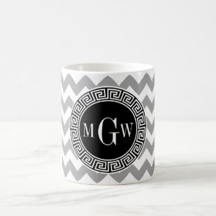 Grijs Wit Chevron Zwart Griekse Sleutel 3 Monogram Koffiemok