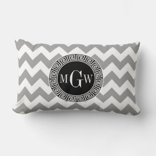 Grijs Wit Chevron Zwart Griekse Sleutel 3 Monogram Kussen