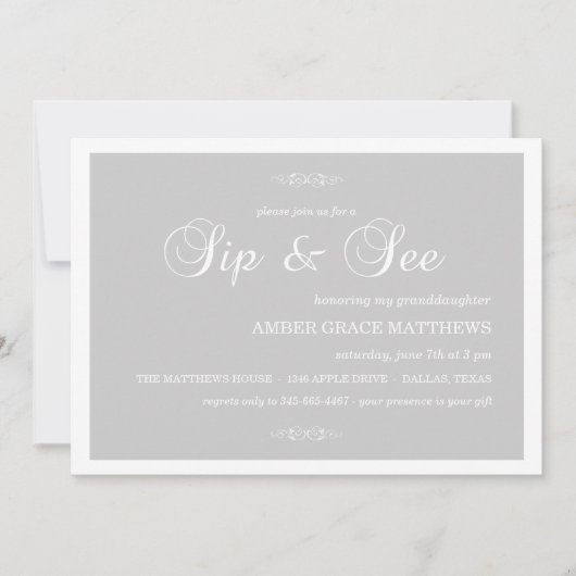 Grijs & Wit Damask Sip en zie uitnodiging (Voorkant)