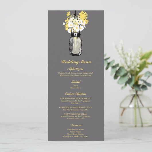 Grijs, wit en geel Mason Jar | Trouwmenu Menu (Staand voorkant)