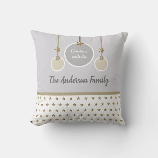 Grijs wit en goud met sterren en kerstnaam kussen (Voorkant)