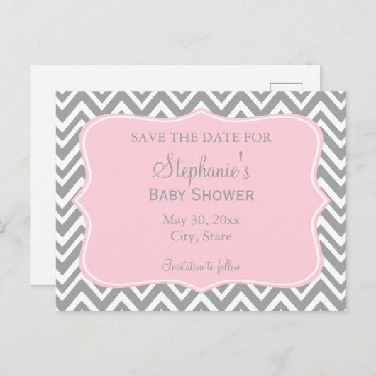 Grijs, wit en pastel Roze Baby shower Briefkaart (Voorkant / Achterkant)