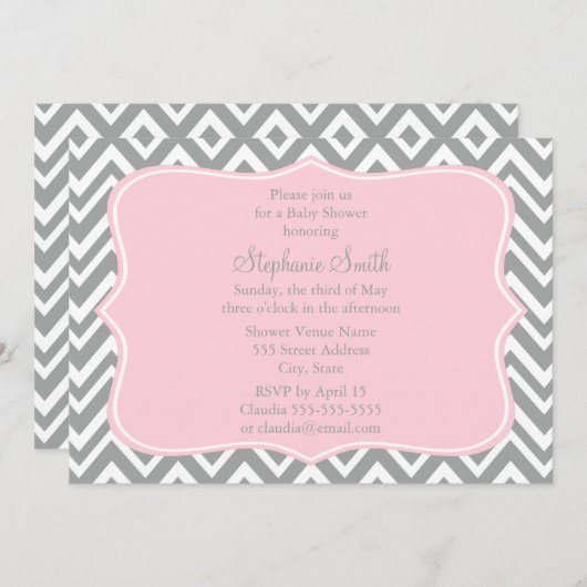 Grijs, wit en pastel Roze Baby shower Kaart (Voorkant / Achterkant)