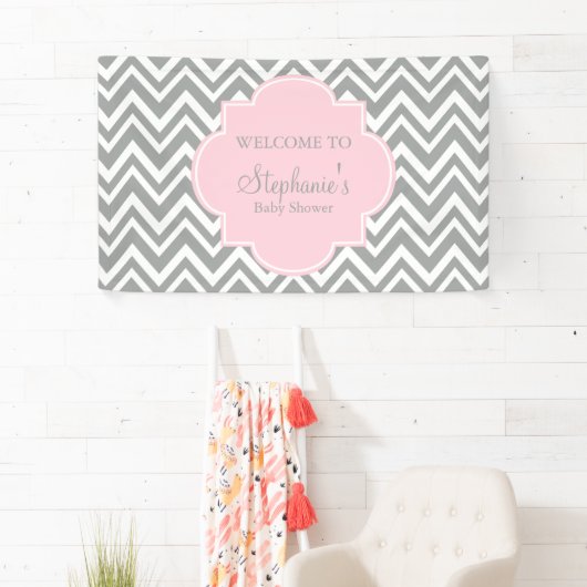 Grijs, wit en pastel Roze Baby shower Spandoek (Insitu)