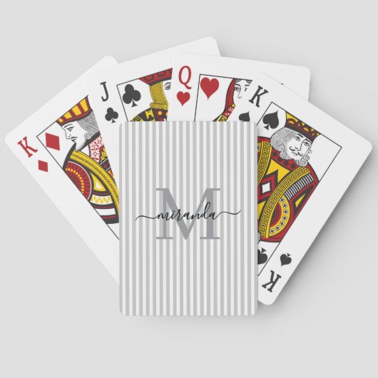 Grijs & Wit Gestreepte Monogram Naam Pokerkaarten (Achterkant)