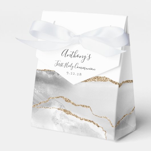 Grijs Wit Goud Agaat Script Eerste Communie Bedankdoosjes (Voorkant Zijde)