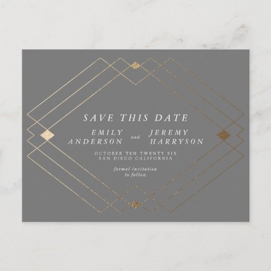 Grijs & Wit Goud Deco Lijnen Save The Date Wedding Briefkaart (Voorkant)