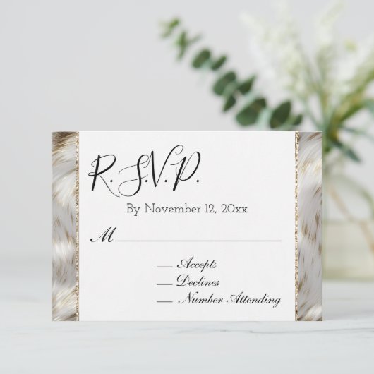 Grijs Wit Goud Faux Fur RSVP Informatiekaartje (Staand voorkant)