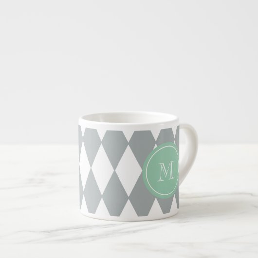 Grijs wit Harlequin Patroon, Mint Groen Monogram Espresso Kop (Voorkant rechts)