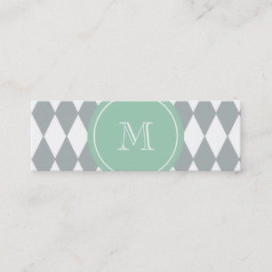 Grijs wit Harlequin Patroon, Mint Groen Monogram Mini Visitekaartje