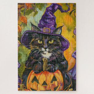 Grijs Wit Katachtig Halloween Heks En Pompoen Legpuzzel