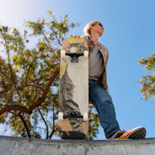 grijs wit kattenportret skateboard