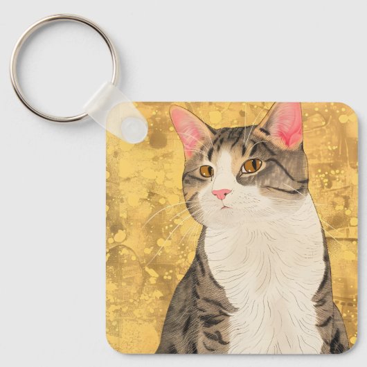 grijs wit kattenportret sleutelhanger (Voorkant)