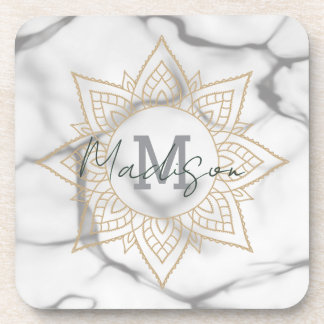 Grijs & Wit Marmer Effect Goud Mandala Monogram Bier Onderzetter