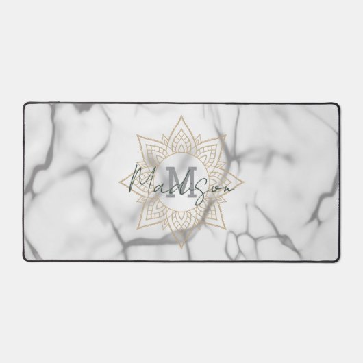 Grijs & Wit Marmer Effect Goud Mandala Monogram Bureaumat (Voorkant)