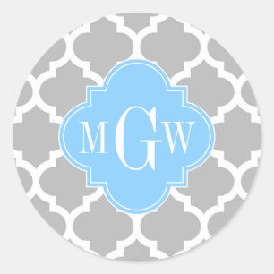 Grijs Wit Marokkaans #5 Hemelblauw 3 Initiaal Mono Ronde Sticker