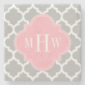 Grijs wit Marokkaans #5 Roze 3 Initiaal monogram Stenen Onderzetter (Voorkant)