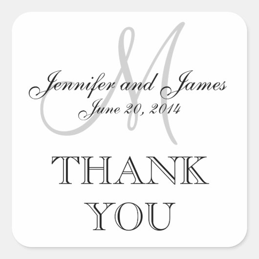 Grijs Wit Monogram Vierkant Huwelijksetiket Vierkante Sticker (Voorkant)