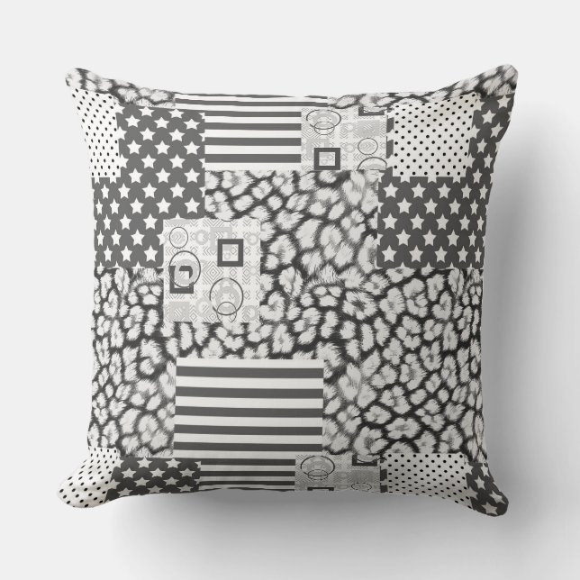 Grijs Wit Patchwork Rustic Patches Kussen (Voorkant)