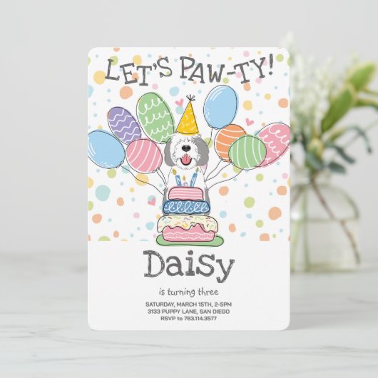 Grijs & Wit Sheepadoodle Hond Verjaardagsfeest Kaart (Staand voorkant)