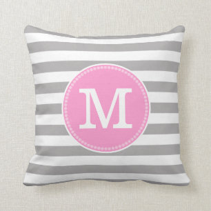 Grijs Wit Strepen Minimal Pastel Roze Monogram Kussen