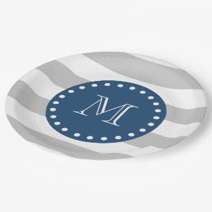 grijs wit Stripespatroon, marineblauw monogram Papieren Bordje