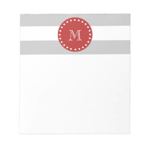 grijs wit Stripespatroon, rood monogram Notitieblok