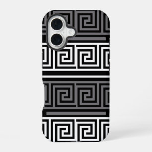 Grijs Wit Zwart Grieks Key Fret Patroon Design iPhone 16 Hoesje