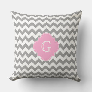 Grijs Witte Chevron Roze Quatrefoil Monogram Kussen
