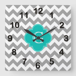 Grijs Witte Chevron ZigZag Turquoise Quatrefoil Mo Vierkante Klok
