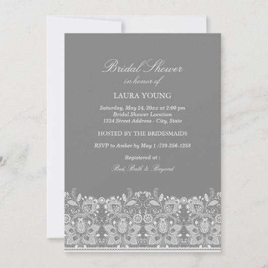 Grijs & Witte Kant | Bruiloft Uitnodiging (Voorkant)
